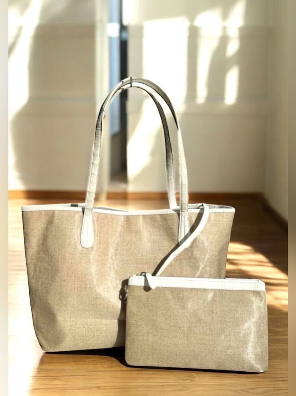 Nancy Gonzales Erica Natural Coated Linen Tote Shoulder Bag Crocodile Leather